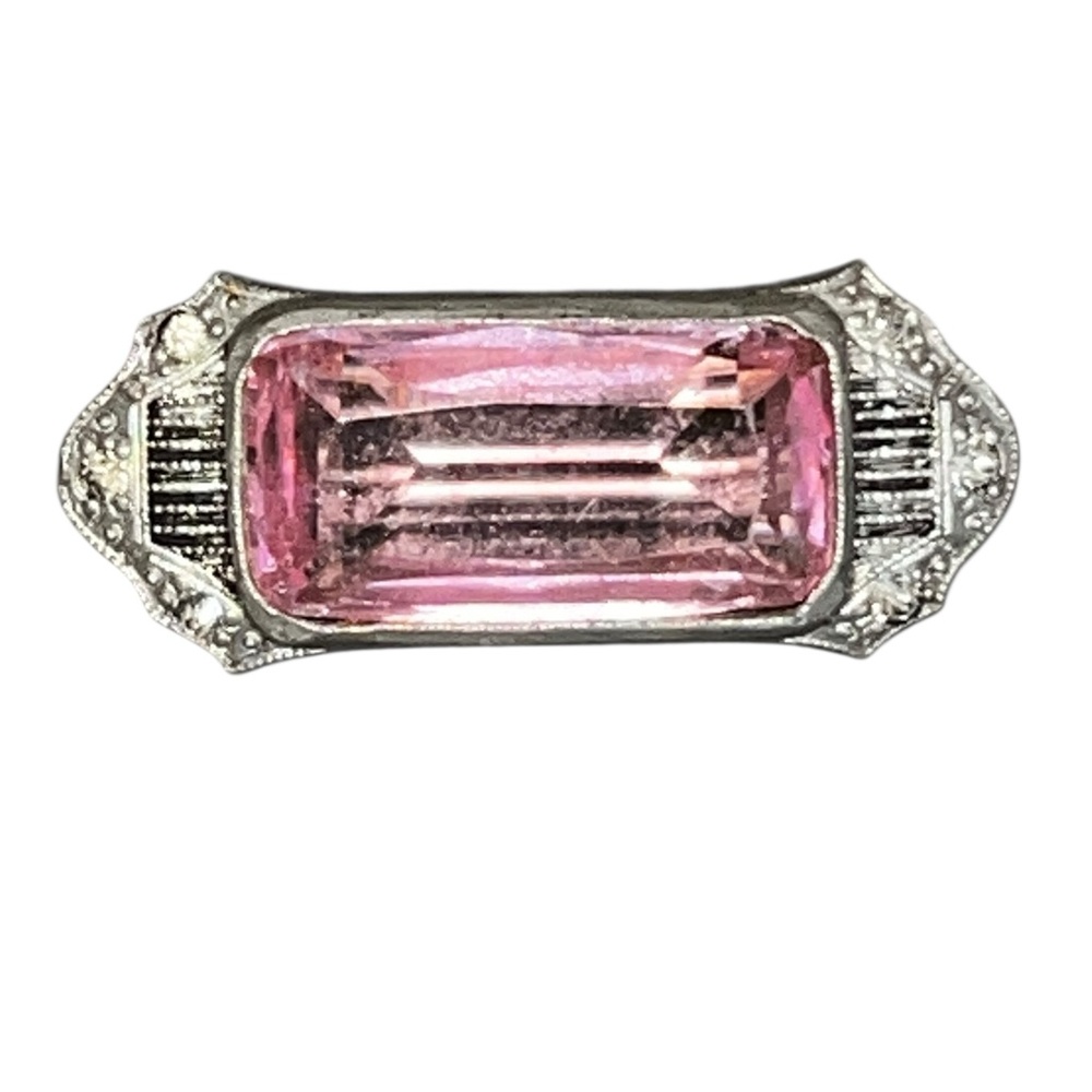 Vintage Pink Rhinestone Silver Tone Art Deco Nouveau Bar Pot Metal Brooch